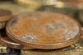 Detail of rust in a copper-covered five cent euro coin Royalty Free Stock Photo