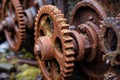 detail of rusted gears on old farming equipment