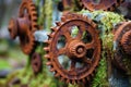 detail of rusted gears on old farming equipment