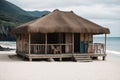 Detail of a rustic beach hut on a sandy beach