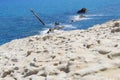 Rusting shipwreck at Sarakiniko on Milos island, Cyclades Islands, Greece Royalty Free Stock Photo