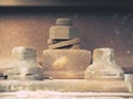 Detail of rusty screws and nut on old railroad track. Rotten wooden tie with rusty nuts and bolts. Royalty Free Stock Photo