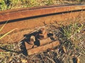 Detail of rusty screws and nut on old railroad. Wooden oiled tie Royalty Free Stock Photo