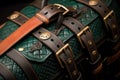 detail of saddle buckle and leather straps