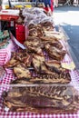 Detail Salami, smoked meat and cheese stall at the farmer\'s market