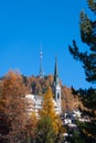 Detail of Sankt Moritz in Switzerland. The church bell tower Royalty Free Stock Photo