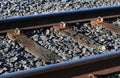 Detail of a section of older railway tracks ,showing the timber sleepers.