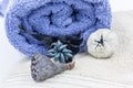 Set of bath towels with dried flowers and blue sea stones Royalty Free Stock Photo