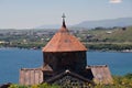 Detail of Sevanavank monsatery in Armenia, with the lake and hou Royalty Free Stock Photo