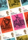 Detail from a sheet of vintage 5d Charles Dickens postage stamps from the UK.