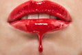 Detail shoT of red lipgloss dripping from woman`s lips