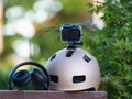 Detail shot with action camera mounted on a sports helmet Royalty Free Stock Photo