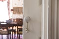 Detail shot of antique knob on pocket door in historic house