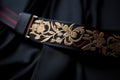 a detail shot of a black belt with embroidered kanji symbols Royalty Free Stock Photo
