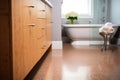 detail shot of cork flooring in a chic bathroom