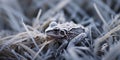 Detail shot of frost patterns on a frog , concept of Ice crystals