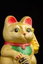 Detail shot of golden maneki neko, with selective focus, black background, vertical,