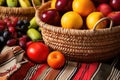 detail shot of handwoven african basket filled with fruits