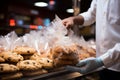 Detail shot Man neatly packaging cookies into a plastic grocery bag Royalty Free Stock Photo