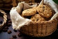 detail shot of oatmeal raisin cookies in a rustic basket