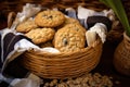 detail shot of oatmeal raisin cookies in a rustic basket