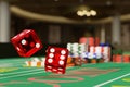 Detail shot of a pair of dice rolling down a craps table. Selective focus.Gambling concept. 3d illustration