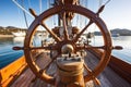 detail shot of a ships wooden helm