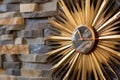 detail shot of a starburst clock on a stone fireplace mantle