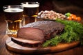 detail shot of stout beer and flank view of beef brisket