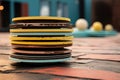 detail shot of tejo discs stacked next to the court