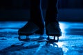 Detail shot of women legs in white figure skating skates on ice arena. Professional sportswoman trains on dark ice rink Royalty Free Stock Photo