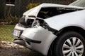 A detail of a silver Czech Skoda Fabia car crashed in a frontal traffic accident