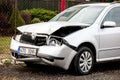 A detail of a silver Czech Skoda Fabia car crashed in a frontal traffic accident