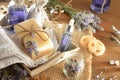 Detail of skin care products with lavender essence elevated view Royalty Free Stock Photo
