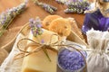 Detail of skin care products with lavender essence on table