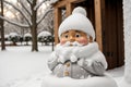 Detail of a snow-covered garden gnome