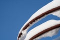 Detail of a snow-covered industrial stair railing in winter Royalty Free Stock Photo