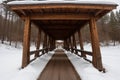 Detail of a snow-covered wooden bridge