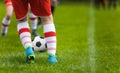 Detail Soccer Background. Close up legs and feet of football player in white socks and blue cleats playing game on green grass Royalty Free Stock Photo