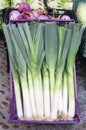 Detail of some delicious leek in bulk in a vertical image