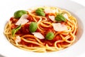 Detail of spaghetti with tomato sauce, fresh basil and cheese. I Royalty Free Stock Photo