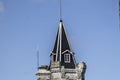 Detail spiers roof medieval castle with blue windows