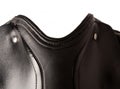 detail of sportive dressage saddle around white background. macro shot
