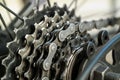 detail of sprockets and chain in bicycle transmission, sprocket chain concept Royalty Free Stock Photo