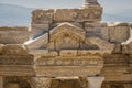 Detail of stage building from Hierapolis Ancient City Theater. Pamukkale, Denizli, Turkey. Relief and statue detail. Royalty Free Stock Photo