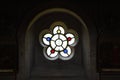 Detail of the stained glass in Chideock chapel, Dorset, England, UK.