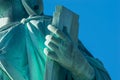 Detail Of Statue Of Liberty Against Blue Sky, Book With The Date Of USA`s Independence. New York City , United States
