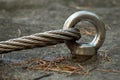Detail of steel bolt anchor eye in rock. The end knot of steel rope. Climbers path in rocks via ferrata. Iron twisted rope fixed Royalty Free Stock Photo
