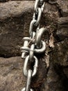 Detail of steel bolt anchor eye in sandstone roc hold steel chain. Royalty Free Stock Photo