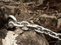 Detail of steel bolt anchor eye in sandstone roc hold steel chain. Royalty Free Stock Photo